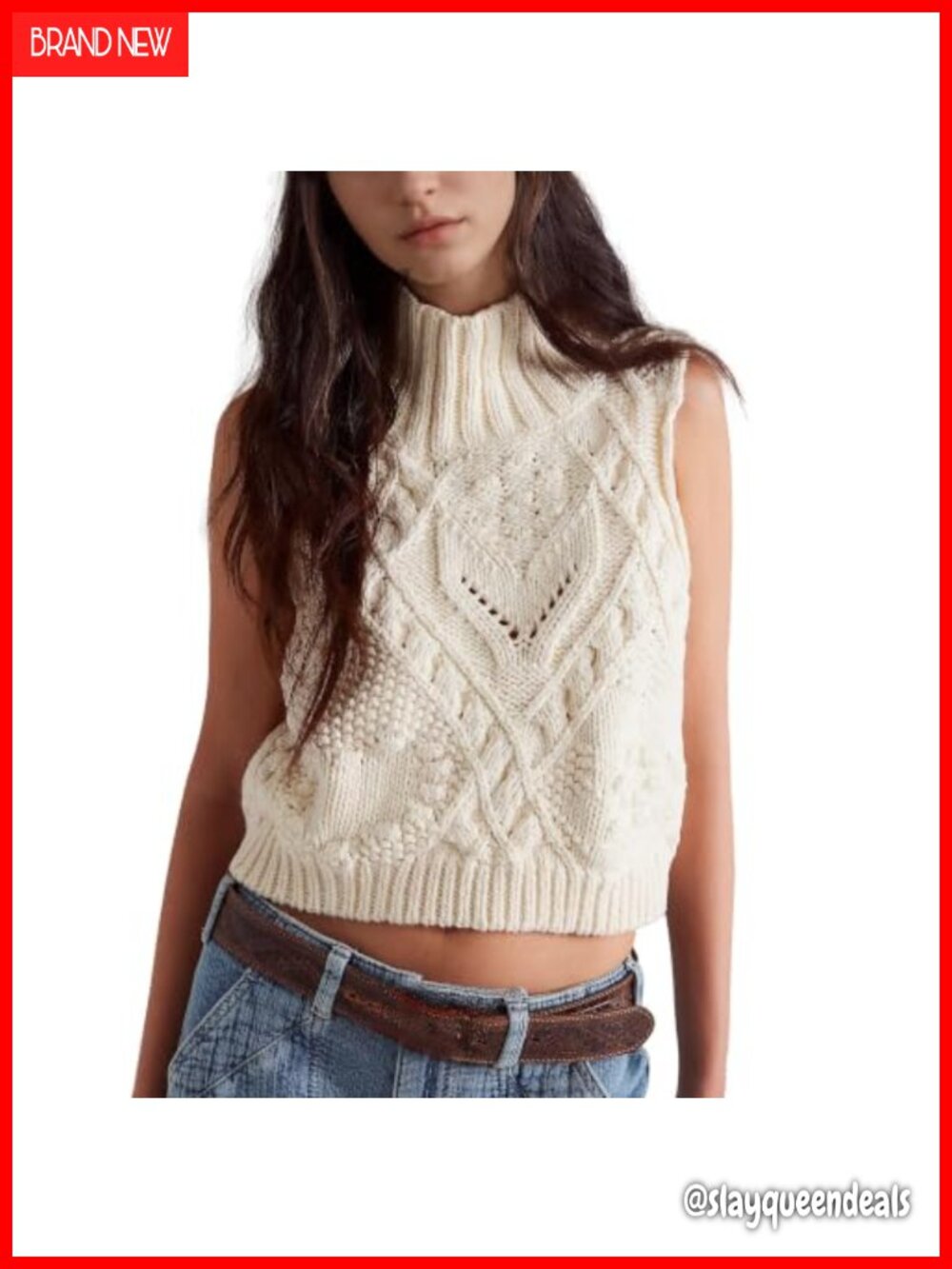 Crochet Sleeveless Turtleneck Sweater Vest Cotton Knit Top